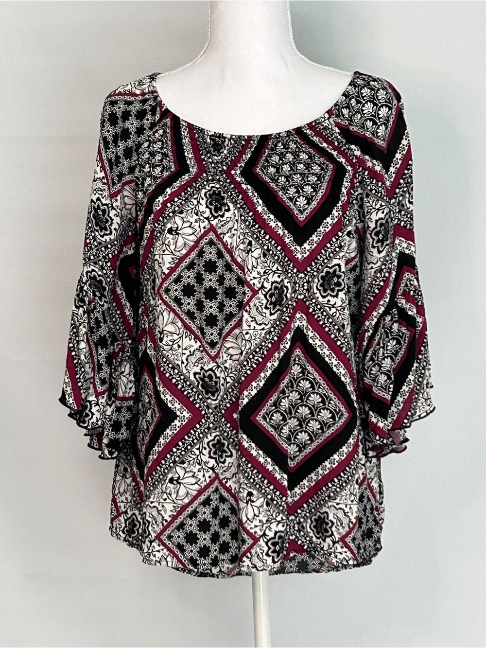 Cato Small Boho Print Bell Sleeve Blouse Burgundy Black